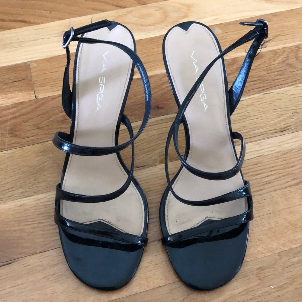 Via Spiga black patten leather strap heels